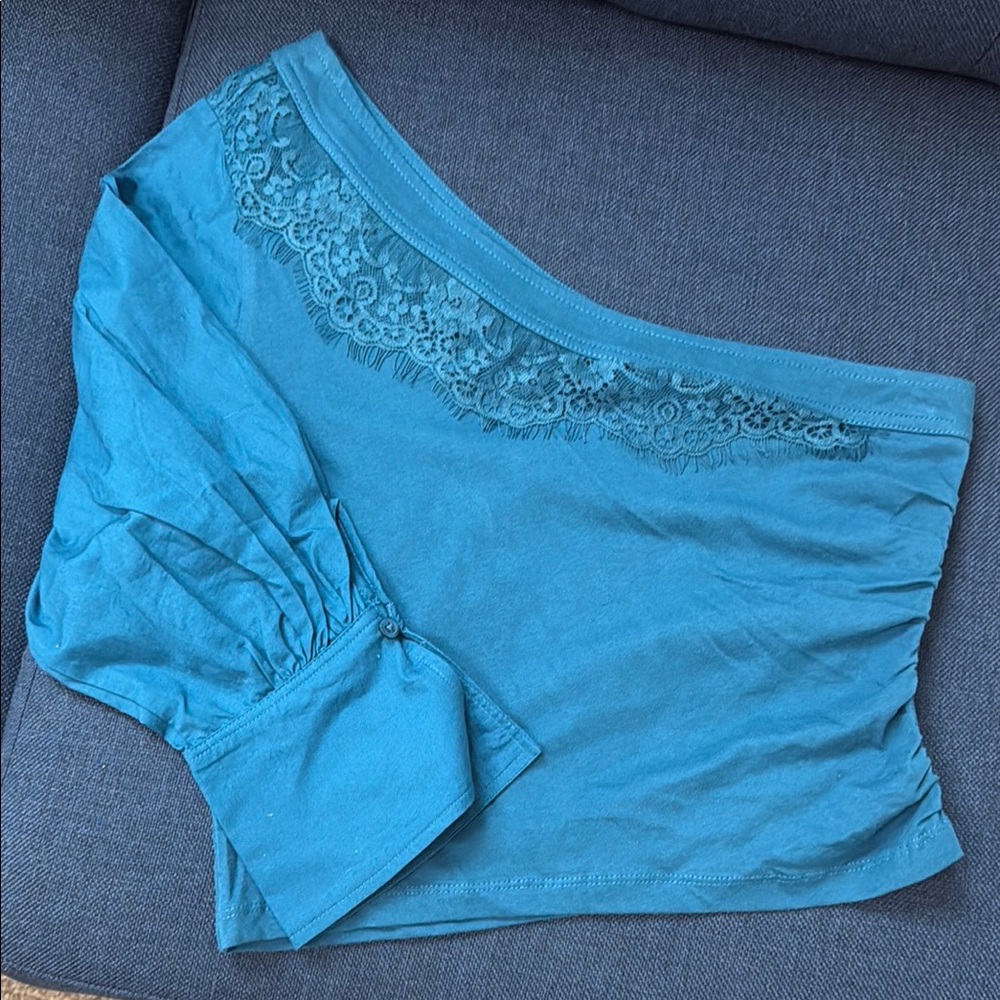 Anthropologie Blue Lace Trim One-Shoulder Crop Top